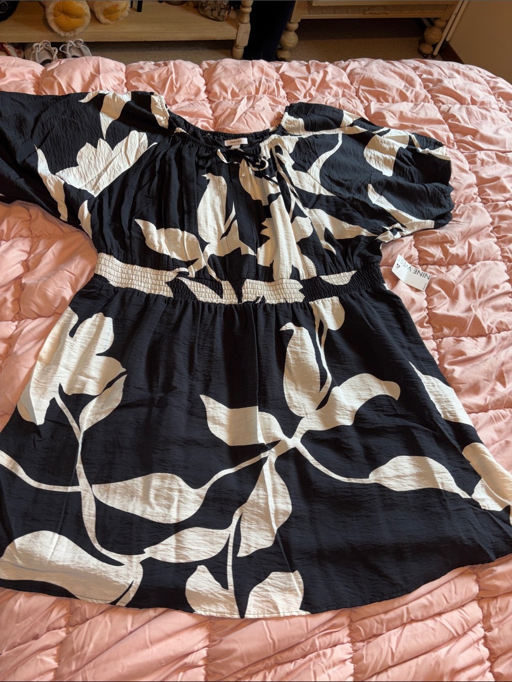 Nine West Black and White Floral Smocked-Waist Dress Plus Size Women’s NEW
